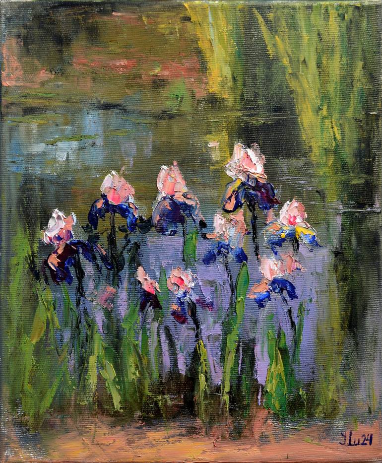 Irises on the pond Painting by Elena Lukina | Saatchi Art