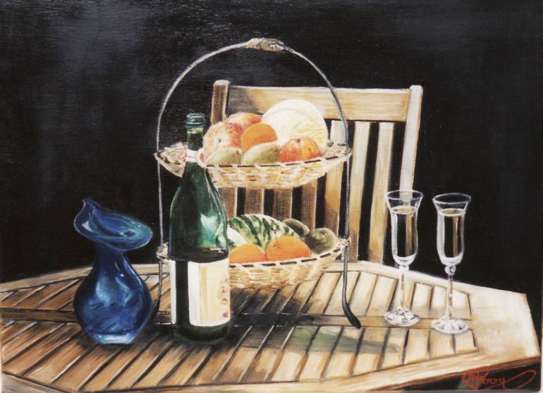 Fruit and wine at the table Painting by Maaike Poog | Saatchi Art