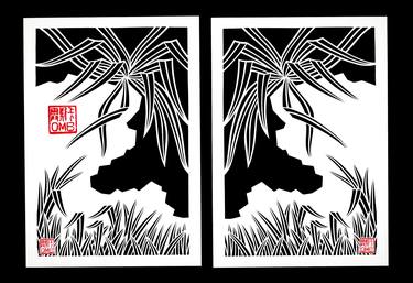 papercutting mirror images  (orchid on rocks, grass) thumb