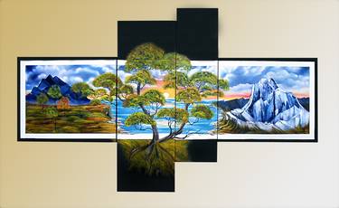Painting of mountain landscape on sunset Spiritual tree of life art multi panel canvas wall art thumb
