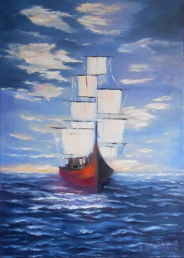 Sailboat oil paintings on canvas, Old sailing ship art modern artwork thumb