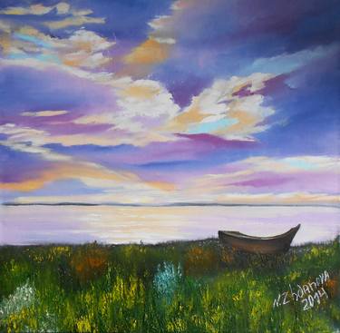 Seascape oil paintings on canvas with boats sunset wall art thumb