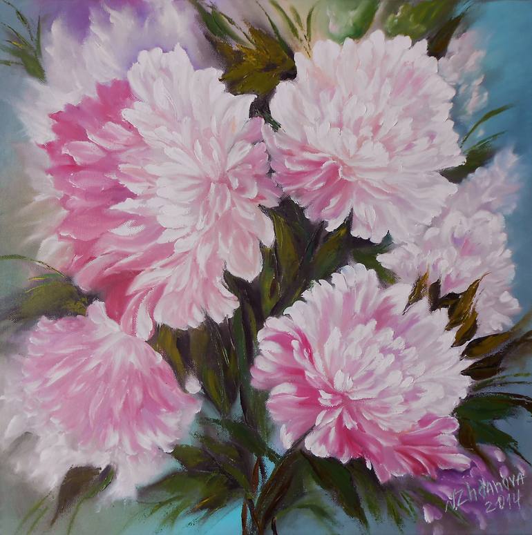 Flowers pink Peonies Original oil large paitning Painting by Natalya ...