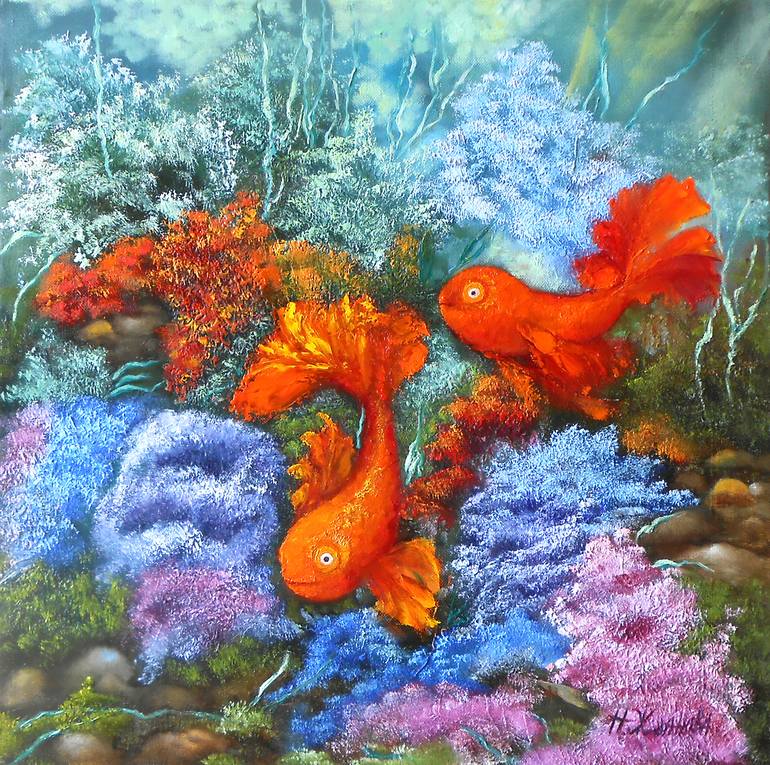 Gold fish painting on canvas underwater ocean colorful feng shui love ...