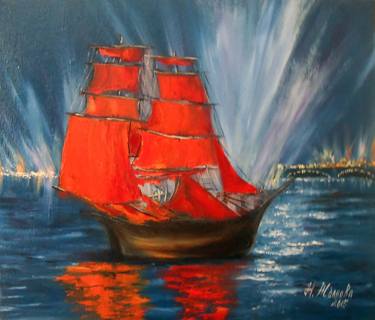 Red sails painting, Sailboat oil paintings on canvas, Sailing ship   wall art artwork thumb