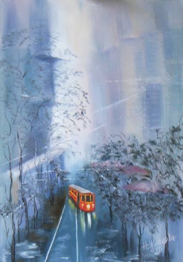 Cityscape rainy day painting with tram oil on canvas original thumb