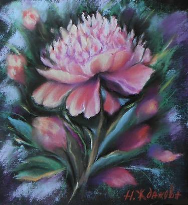 Pastel painting floral original, Pastel flower Peony art drawing thumb