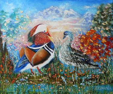 Mandarin Ducks Painting Oil On Canvas Talisman Feng Shui For Love Wall Art