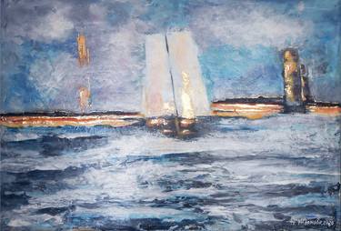 Abstract sailboat paintings acrylic on canvas, Old sailing ship art modern artwork thumb
