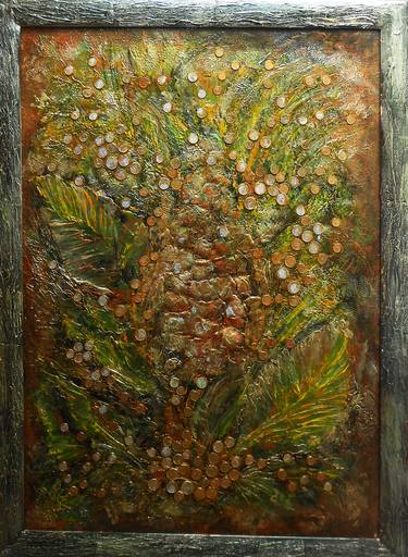 Gold leaf abstract art painting, mixed media collage large vertical modern artwork thumb