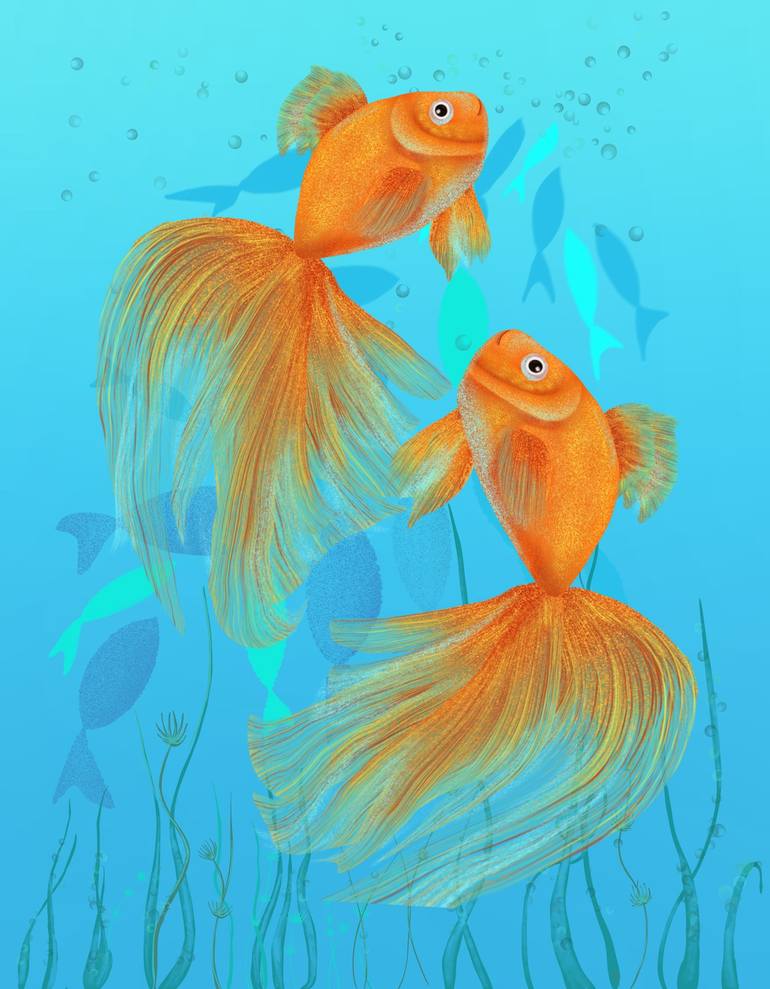 Gold Fish Painting, Goldfish Wall Art, Fish Digital Art, Goldfish