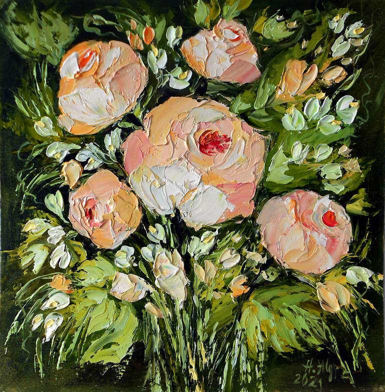 Pink Roses small oil painting of flowers impasto palette knife Painting ...