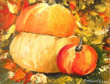 Autumn still life apple with pumpkin palette knife small oil painting original thumb