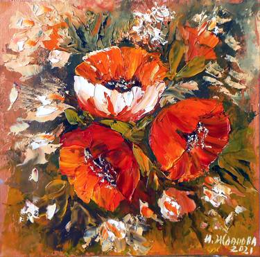 Red poppies flowers painting oil still life palette knife impasto thumb