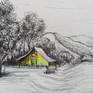 This is a landscape sketch made using pen on paper. Hatching and scribbling methods were used to achieve most of the lines.
The work is sprayed with fixative for surface protection. It is unframed. It can be framed easily