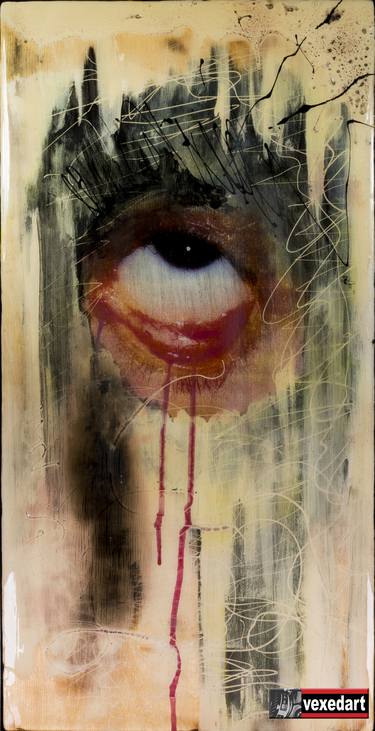 Graffiti Street Art Style Dripping Eye Screen Print on Wood | Depression & Anxiety Art | Dark Art - Limited Edition of 1 thumb