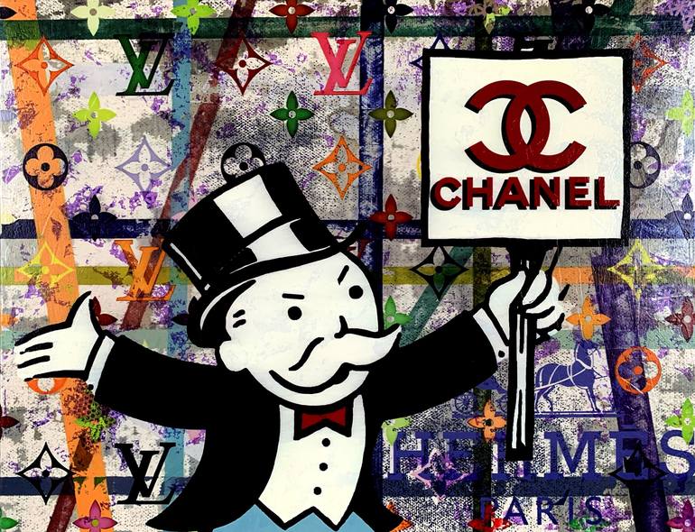 Monopoly Chanel Protest Disaster in Purple - original artwork on canvas  Painting by Taylor Smith
