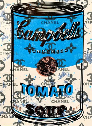 "Campbell's Tomato Soup Disaster in Blue" original painting on Arches paper in custom float frame thumb