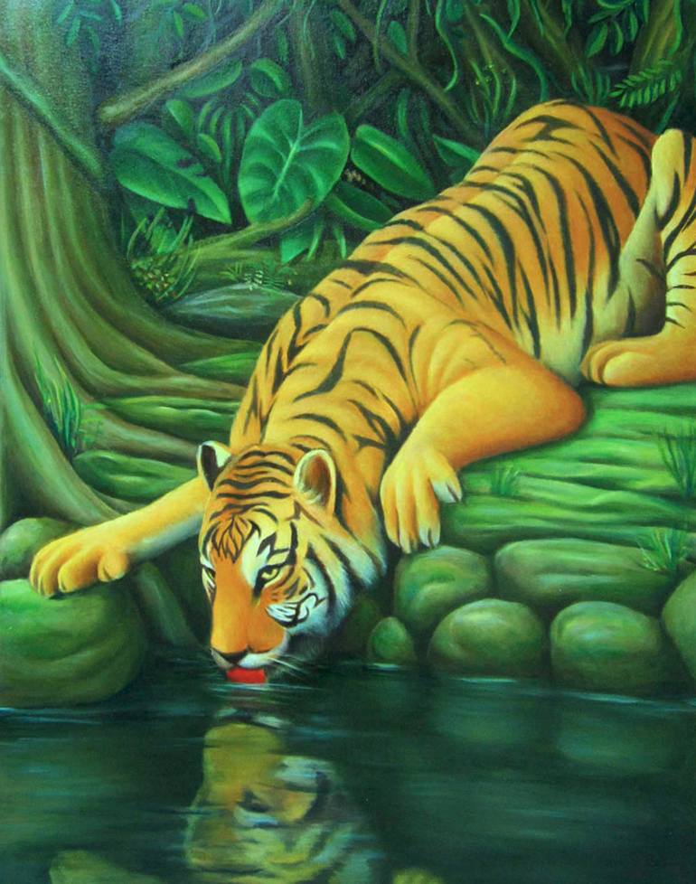 tiger drinking water painting