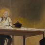 Men gather around a table to toast. The work intends to convey the feeling that one tries to stay, even in company, in a narrow environment.