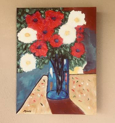 Red and White Flowers in Blue Vase thumb