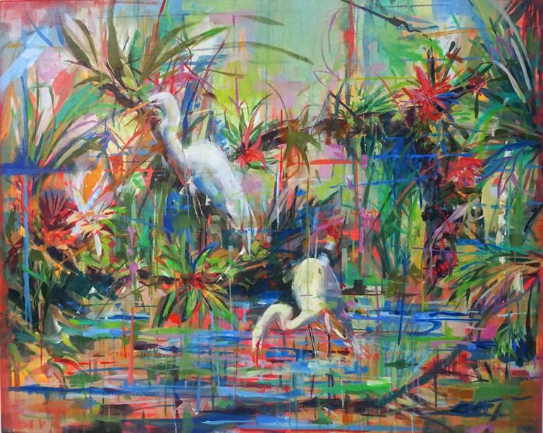 Original Animal Painting by Amaya Fernandez Fariza | Contemporary Art on Canvas | Birds in the lake