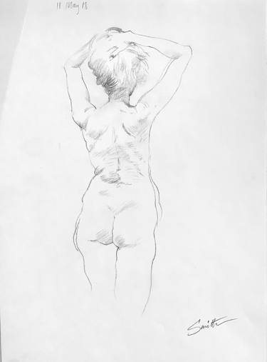 Nude, rear view, arms raised thumb