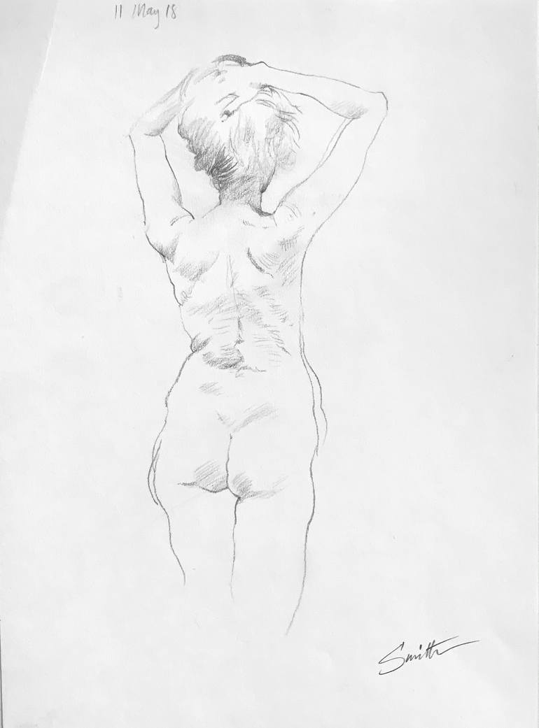 Nude, rear view, arms raised Drawing by Bob Smith | Saatchi Art