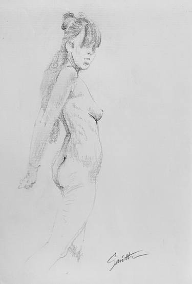 Standing female nude arms behind thumb
