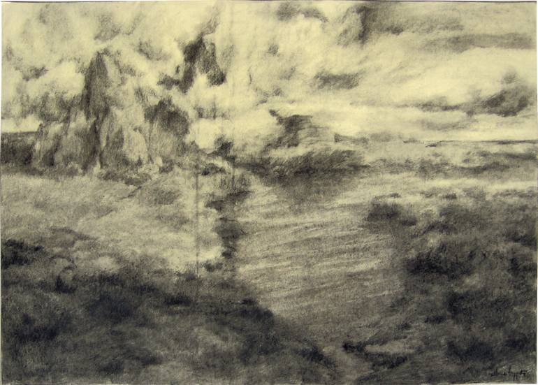 Original Landscape Drawing by Milan Andric | Expressionism Art on Paper | Mountain near the lake