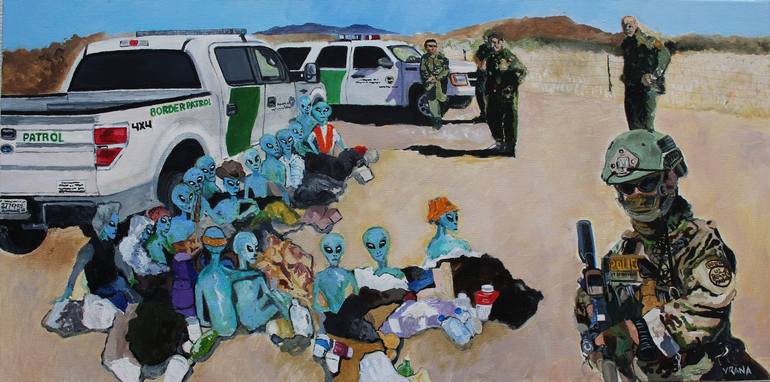 Original Humor Painting by Ken Vrana | Documentary Art on Canvas | US Border Patrol Detains Aliens at the Border