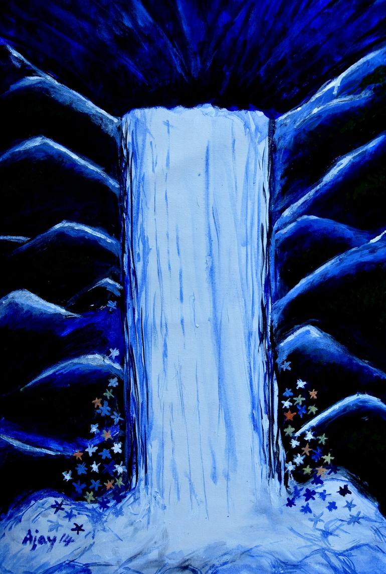 waterfall in moonlight Painting by Ajay parippally Saatchi Art