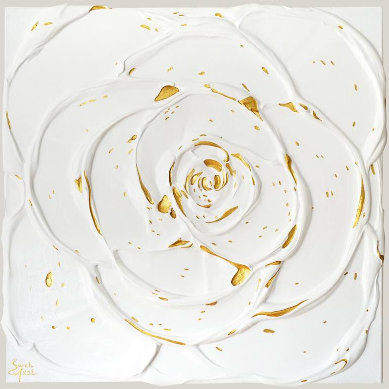 Original Floral Painting by Sarah I Avni | Abstract Art on Canvas | Little White Rose with a Touch of Gold III. (3I25)