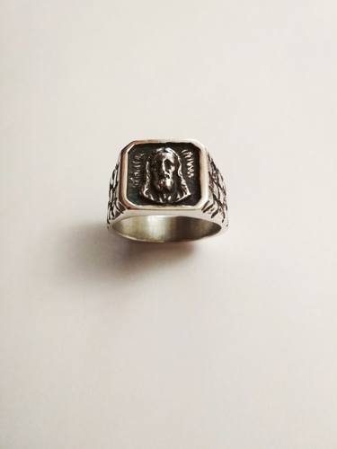 Silver men's ring with the image of the face of Jesus Christ thumb