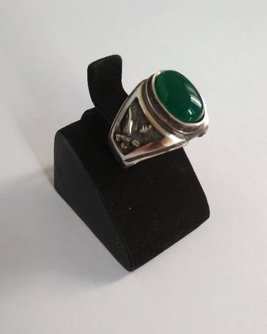Silver men's ring with natural green chalcedony thumb