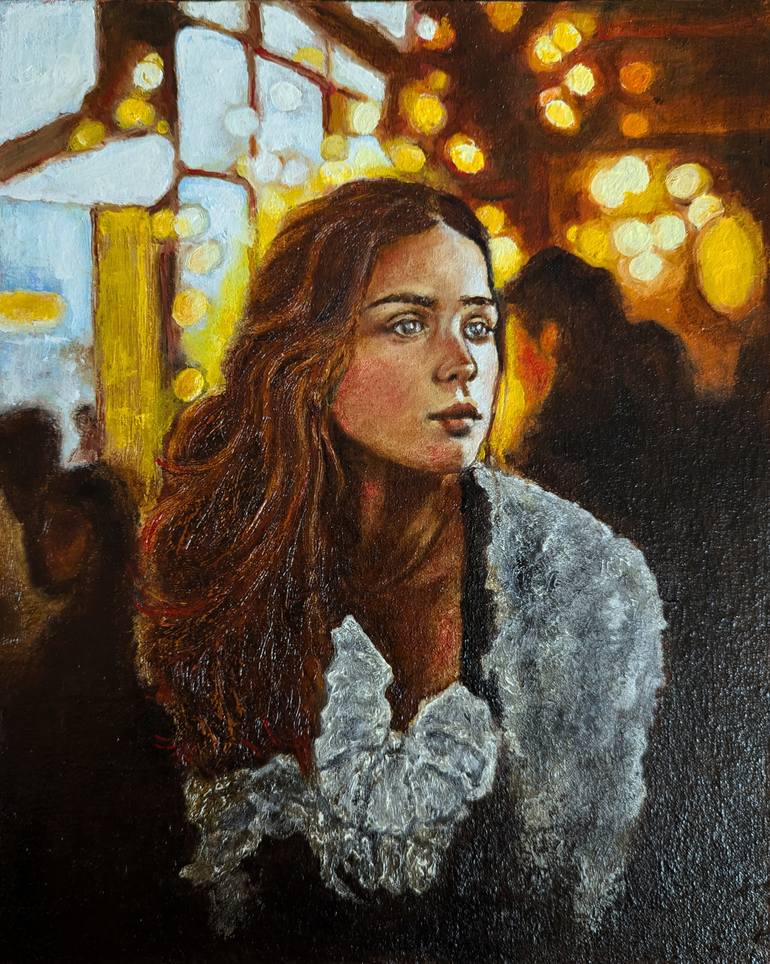 Original Women Painting by Arthur Isayan | Realism Art on Canvas | "In the Cafe"