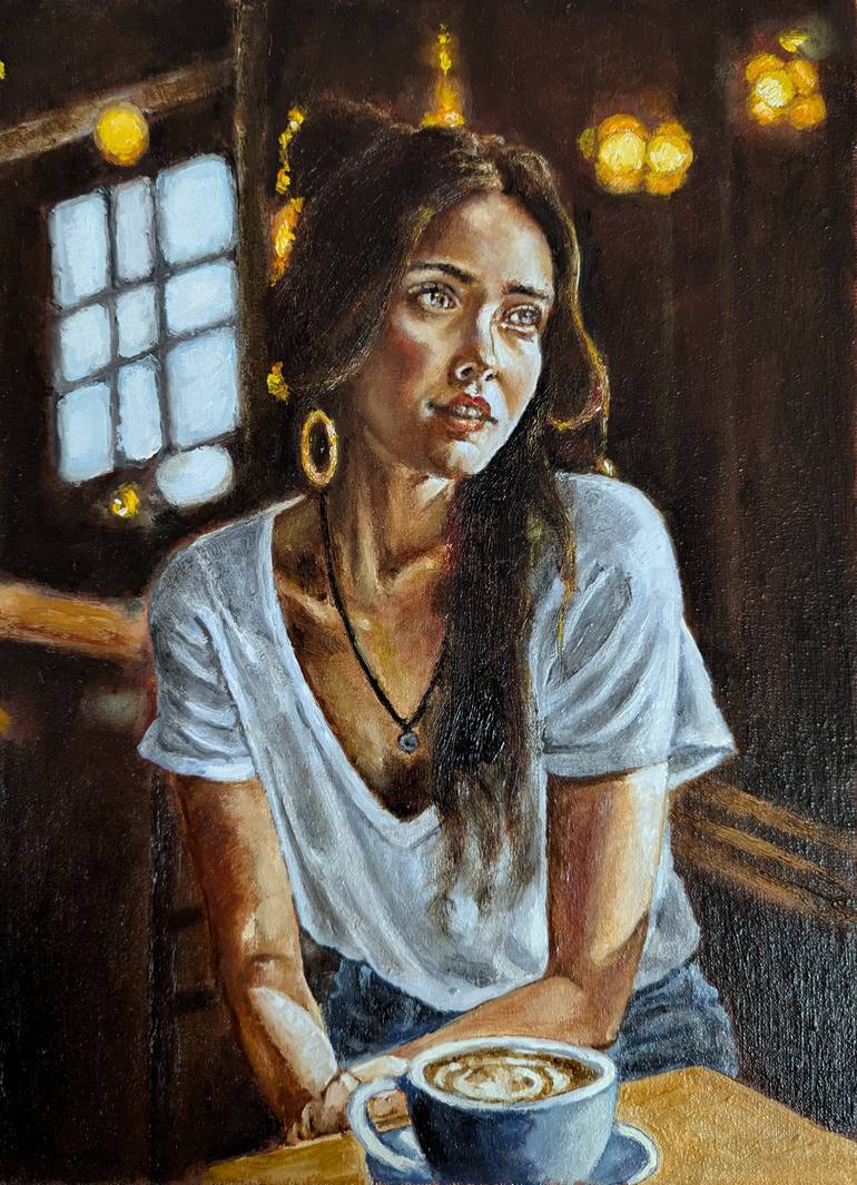 Original Women Painting by Arthur Isayan | Realism Art on Canvas | "At the Nearest Cafe"