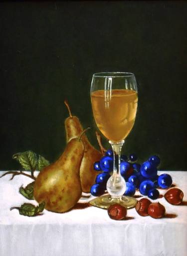 "STILL LIFE WITH WHITE WINE, HAZELNUTS, BLACK GRAPES AND PEARS" thumb