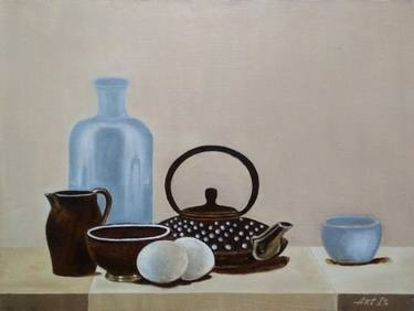 "Still life with a coffee pot, kitchenware and eggs" thumb