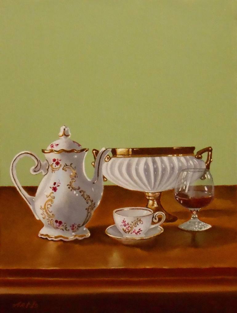 Original Still Life Painting by Arthur Isayan | Other Art on Canvas | "COFFEE SERVICE AND A GLASS OF COGNAC"