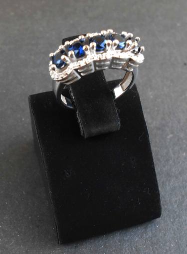 Handmade silver ring with white gilding, zircons and sapphires thumb