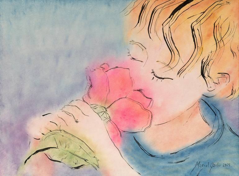 Original Children Painting by Marcel Garbi | Figurative Art on Paper | The scent of a flower