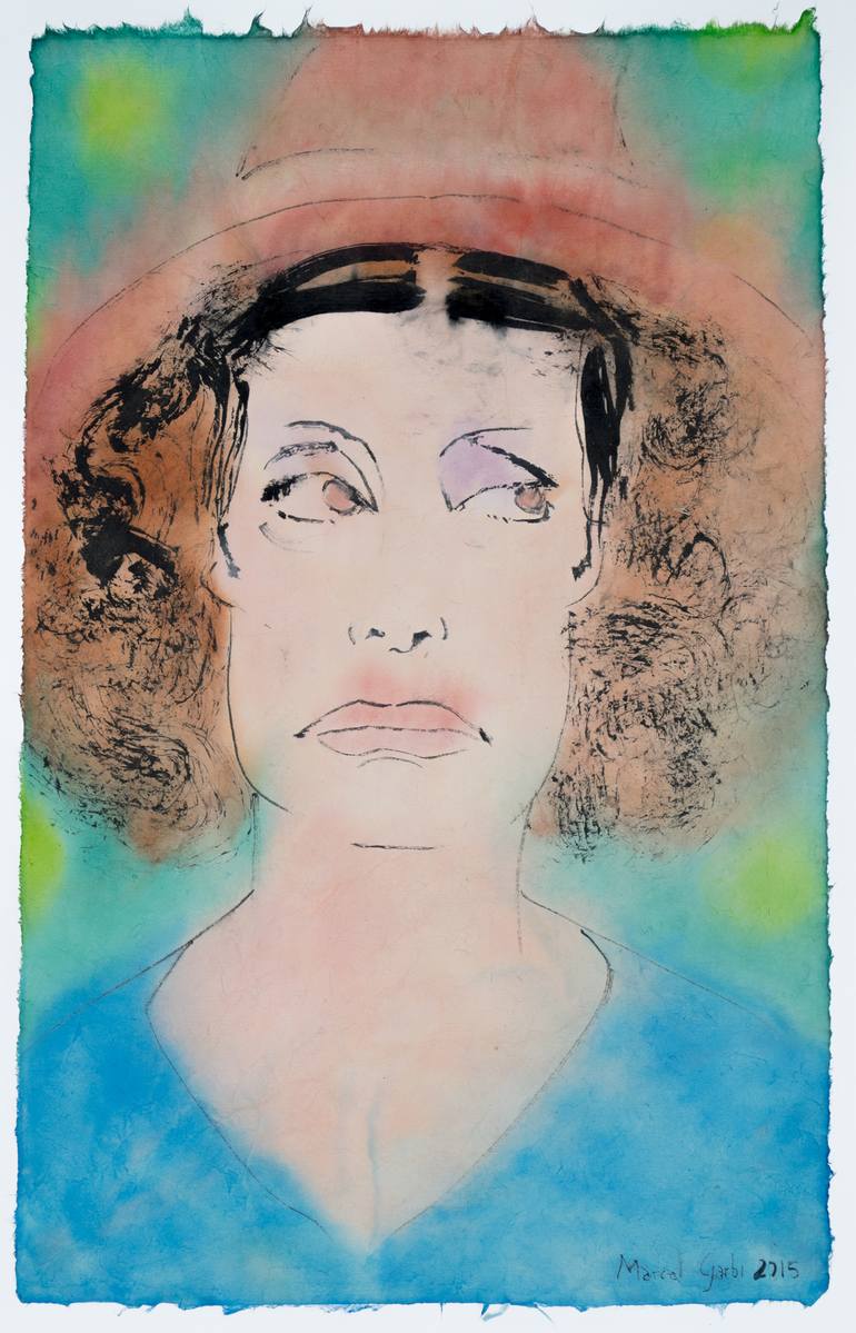 Original People Painting by Marcel Garbi | Modernism Art on Paper | Mistrustful rectangular character from the Cafe Muller