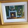 I love to paint INTERIORS for a change from all the landscapes and other abstract  paintings I do. This painting is from an interior of an old house I stayed in and because I  loved the colours on the walls with the open fire I decided to take a photo and paint it. It's painted in oil with brush on board. This painting needs to be framed