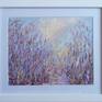 This is a small painting of abstract lavender fields painted with pallet knife in a colourful way. Its framed in a white glass frame which measures 25cm+30cm. and ready to hang.