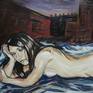 Jeune femme nue songeant, allongée la nuit à Paris