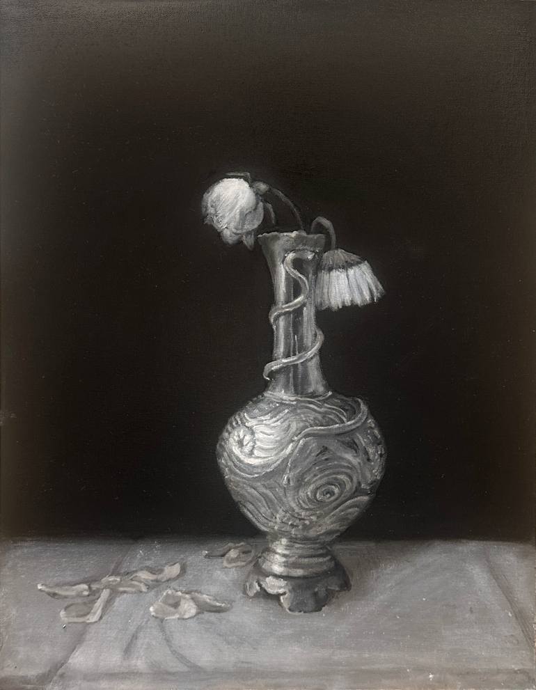 Original Still Life Painting by Karen Clark | Black & White Art on Canvas | "Wave Vase with Rose and Daisy"