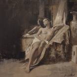 Seated Nude - Monochrome Sepia, Chinoiserie Vase & mirror by Michael Alford