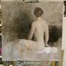One of a series of female figures with white drapery on a tonal background.