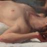 A painting in oil of a sleeping
female nude. The figure is partially seen also in reflection
and is painted in even light.